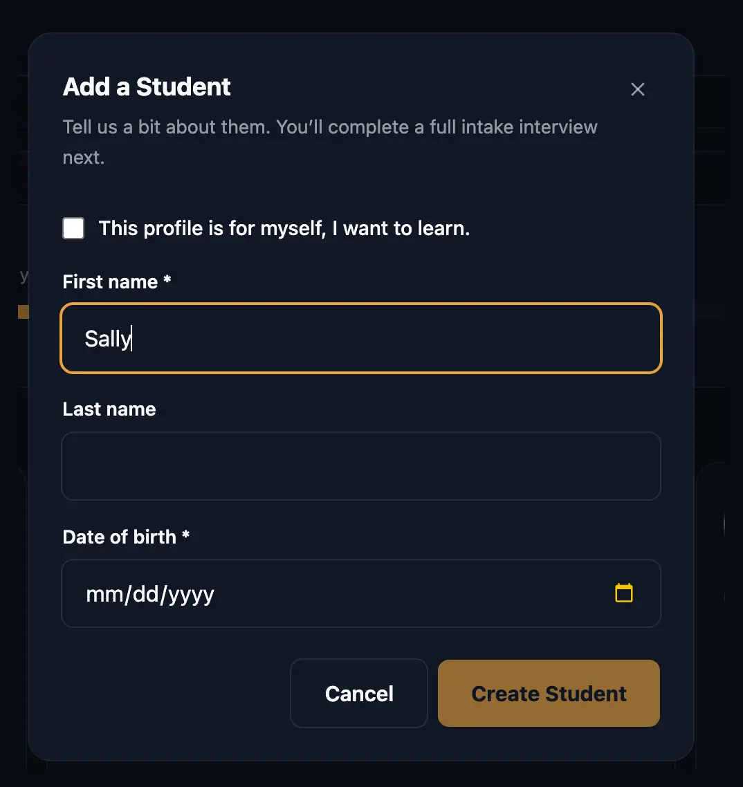 Add Your Student screen in Primer