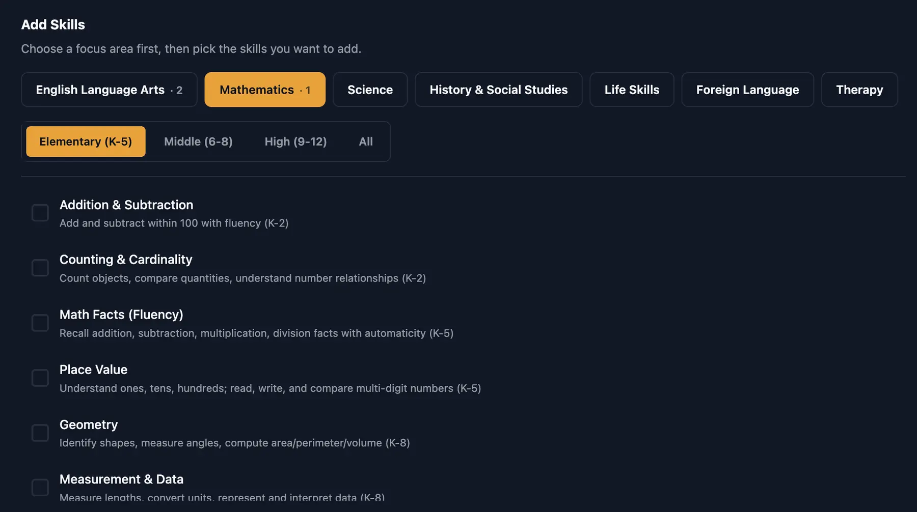 Set the Curriculum screen in Primer