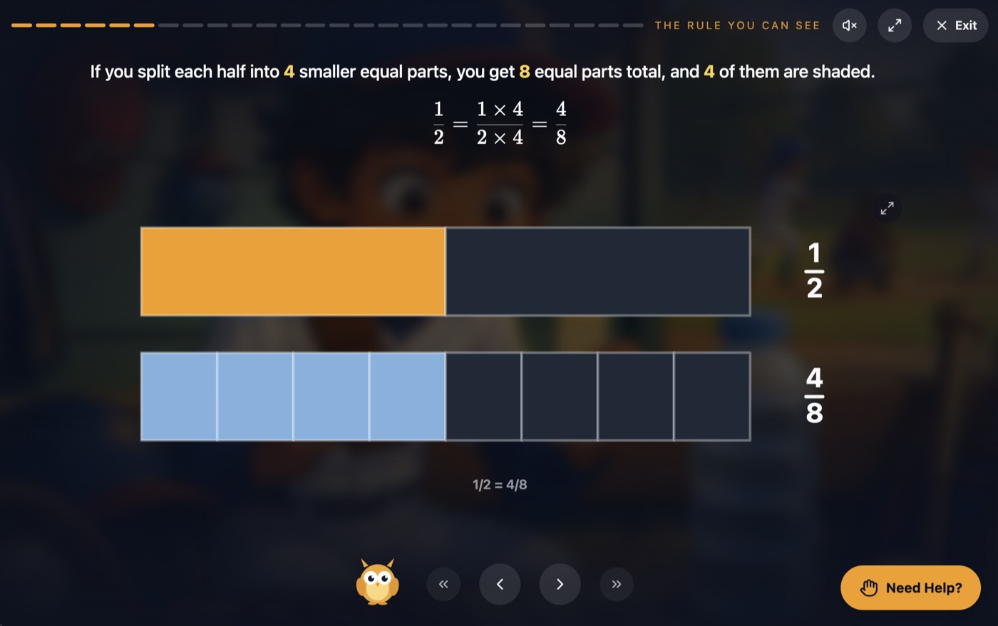 A Primer lesson showing fraction bars for one half and four eighths
