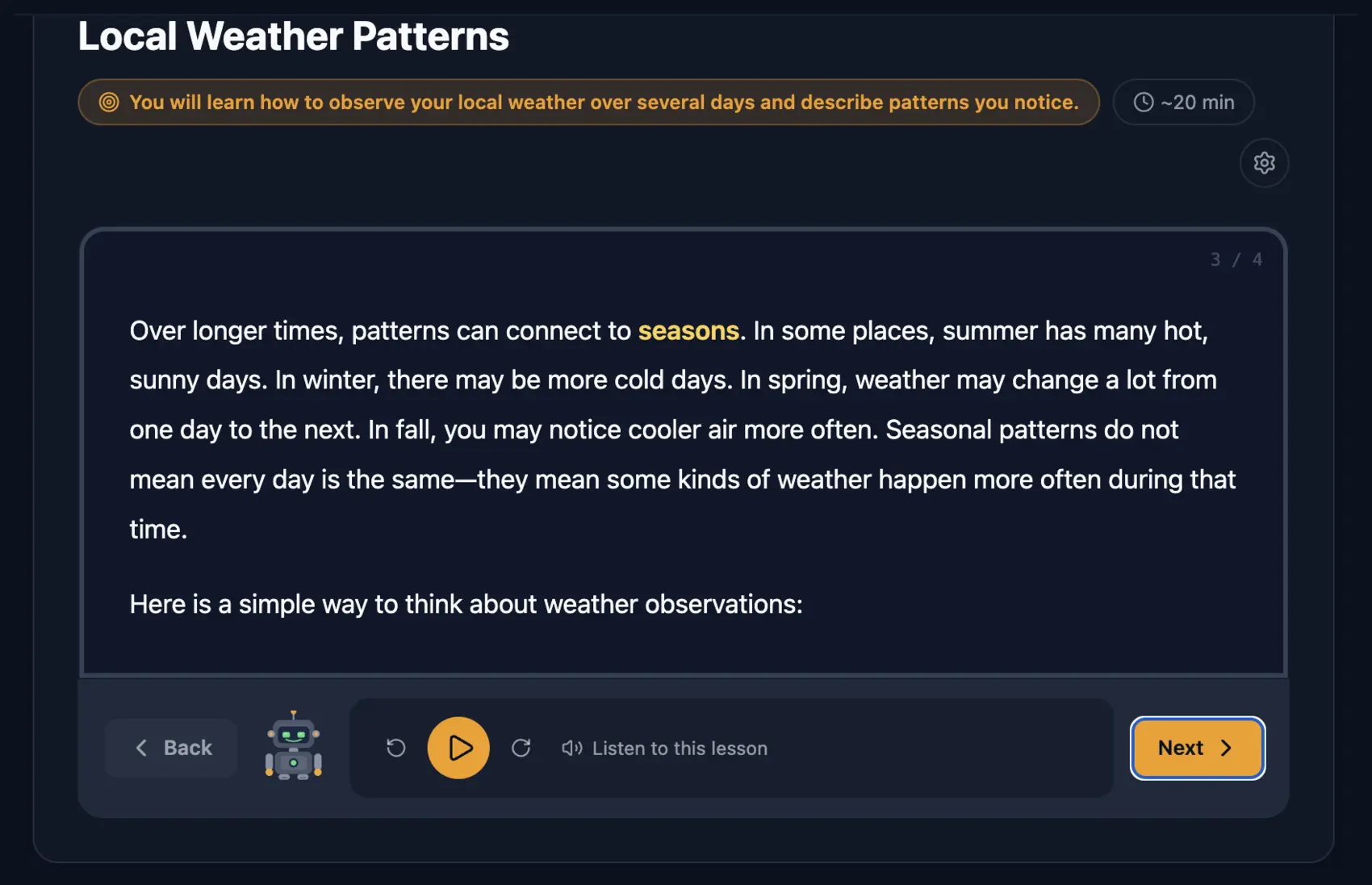 Lesson screen in Primer