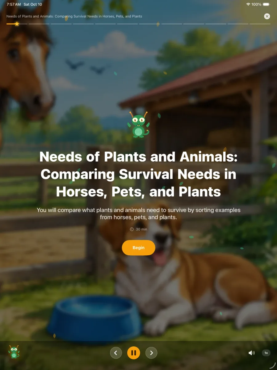 The full-screen cinematic title slide of a Primer science lesson on what plants and animals need, set in a farmyard with a horse and a dog