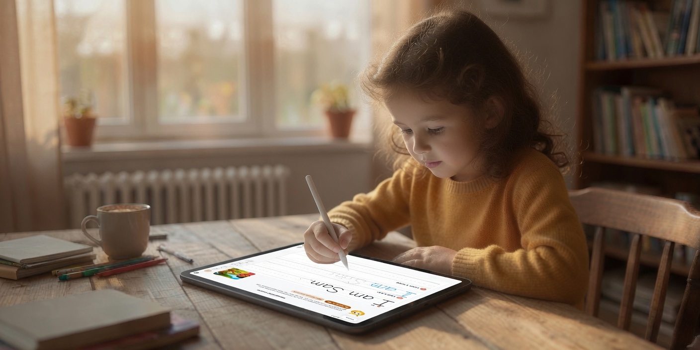 A young student filling out a Primer worksheet on an iPad using Apple Pencil