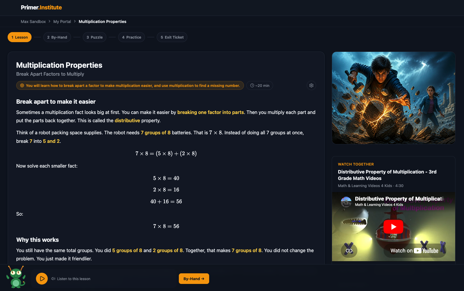 A multiplication properties lesson with worked examples