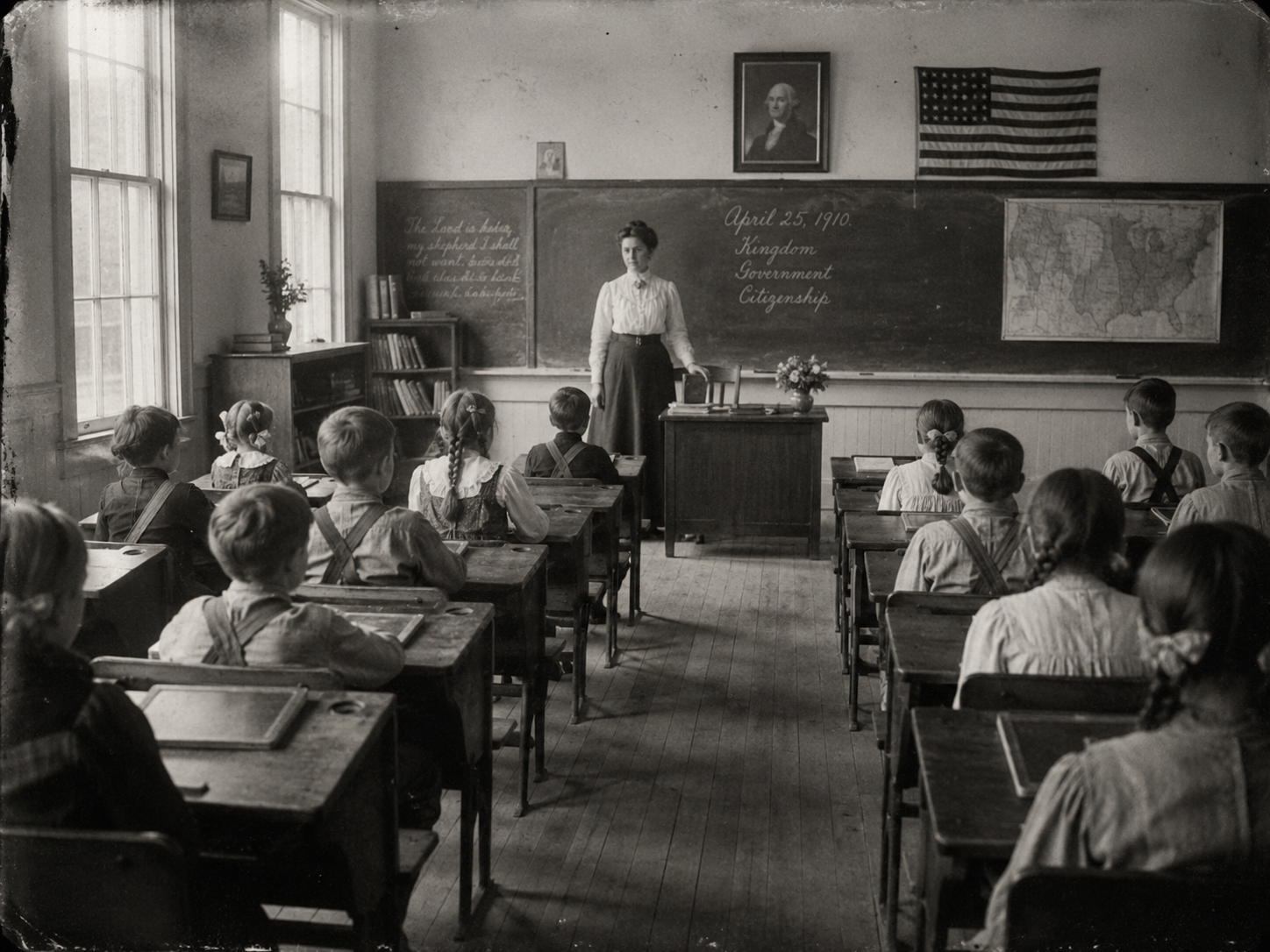 Children seated in rows of wooden desks facing a single teacher at a blackboard, photographed in 1910.