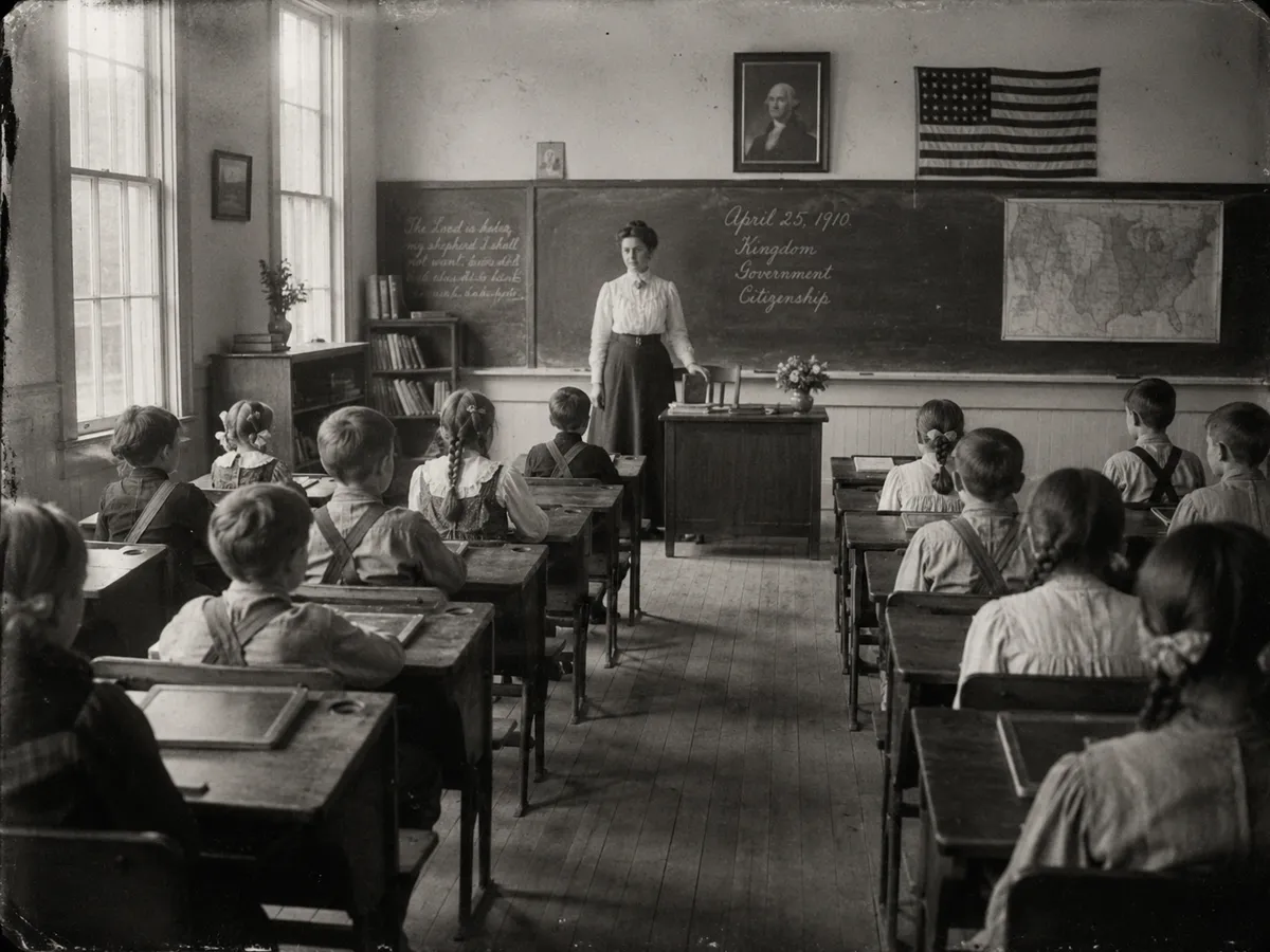 Children seated in rows of wooden desks facing a single teacher at a blackboard, photographed in 1910.