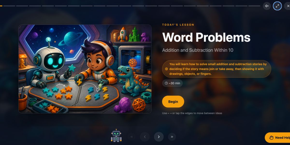 The title page of a Word Problems lesson in Cinematic view, with an illustration of a young astronaut and a robot sorting tokens on a spaceship table.
