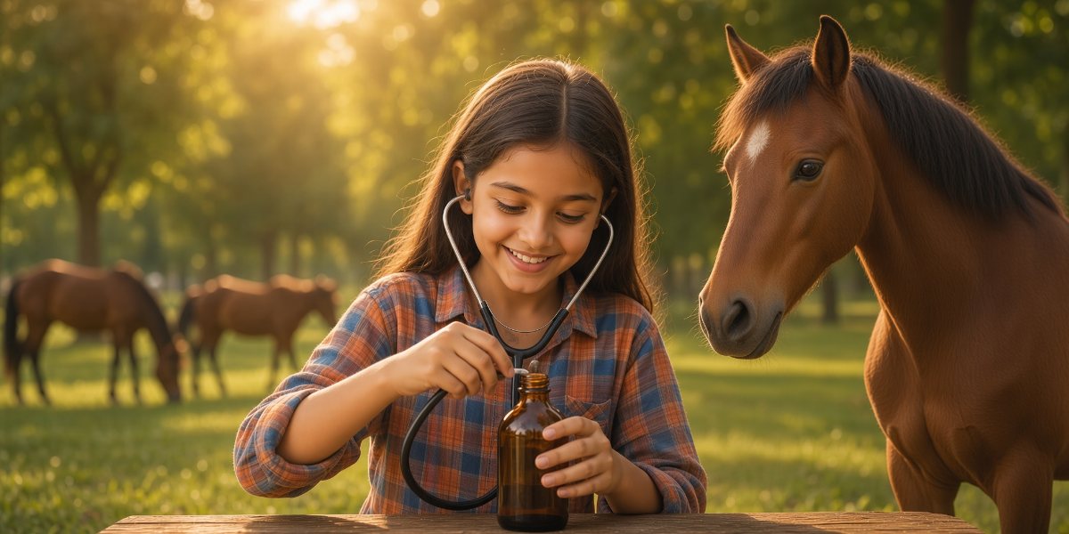 A girl wearing a stethoscope beside a horse in a sunlit pasture.
