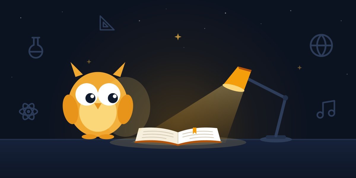 The Primer owl beside an open book lit by a desk lamp, with faint icons for science, math, geography and music in the night sky behind it.