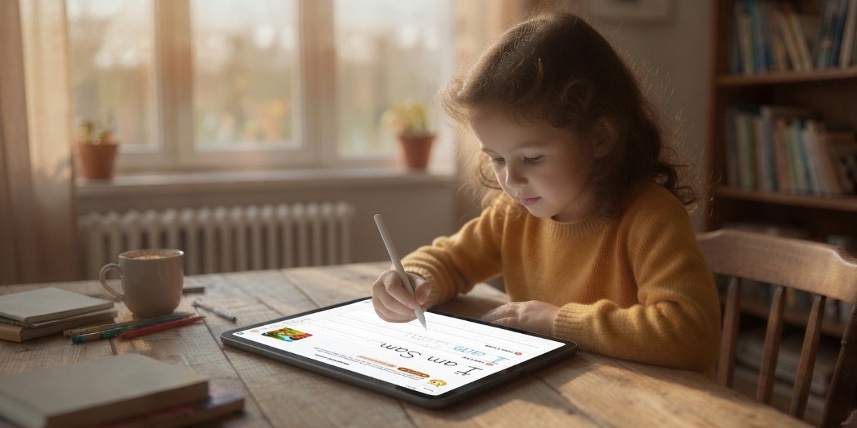 A young girl writing on a Primer handwriting worksheet on an iPad with an Apple Pencil.