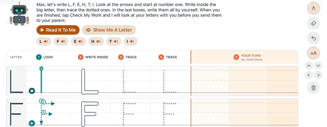A Primer letter formation worksheet. A teacher avatar reads the directions, with Read It To Me and Show Me A Letter buttons and per-letter audio chips for L, F, E, H, T and I. Below, five columns run left to right: Look, Write Inside, Trace, Trace, and Your Turn, with animated arrows showing the stroke order for L and F.