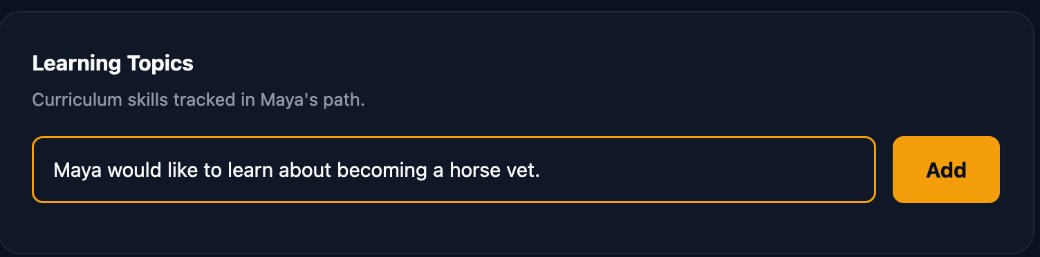 The Learning Topics card on Maya's dashboard, with the sentence: Maya would like to learn about becoming a horse vet.