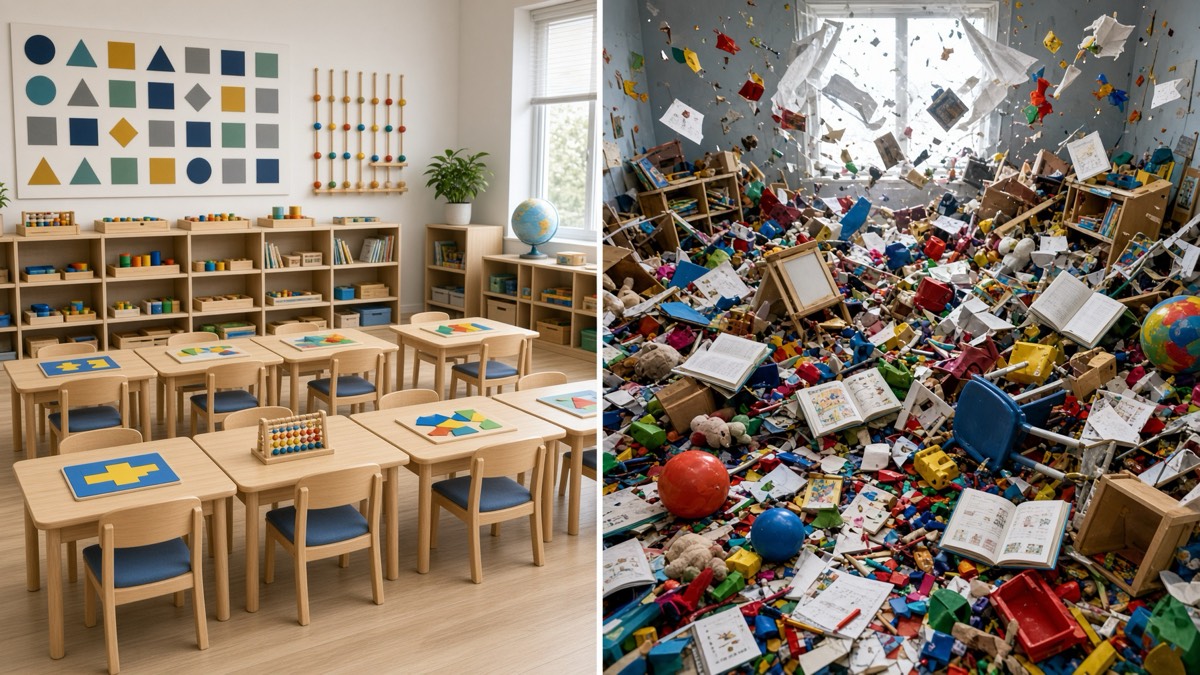Split image: on the left, a tidy classroom with small wooden desks, shape puzzles, and labeled shelves; on the right, the same kind of room buried in toys, books, and loose papers flying through the air.
