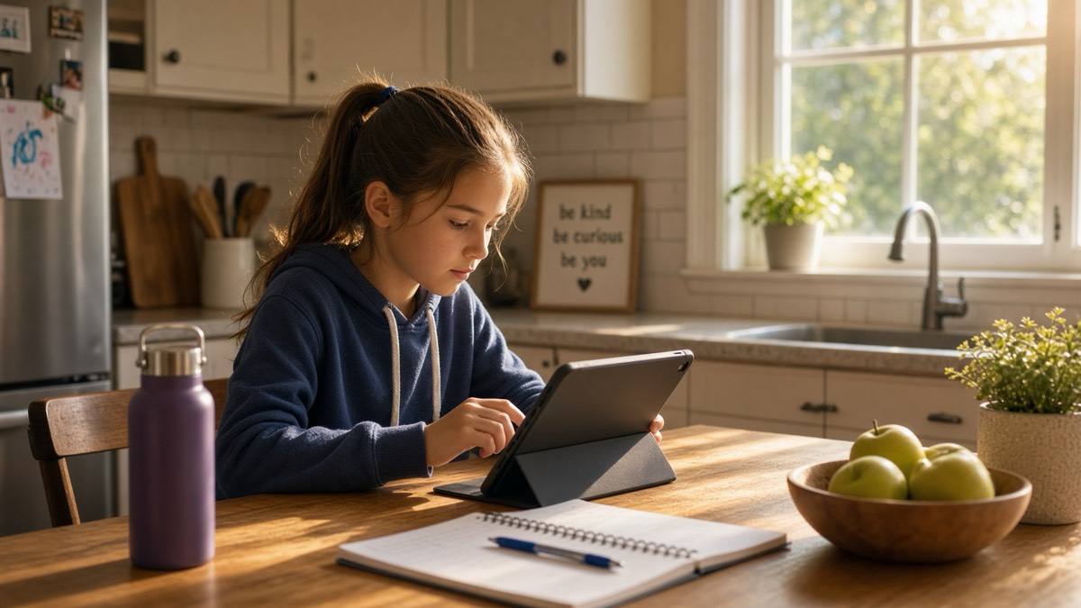 A girl in a blue hoodie sits at a sunlit kitchen table, working on a tablet propped on its stand, with a spiral notebook and a bowl of green apples beside her.