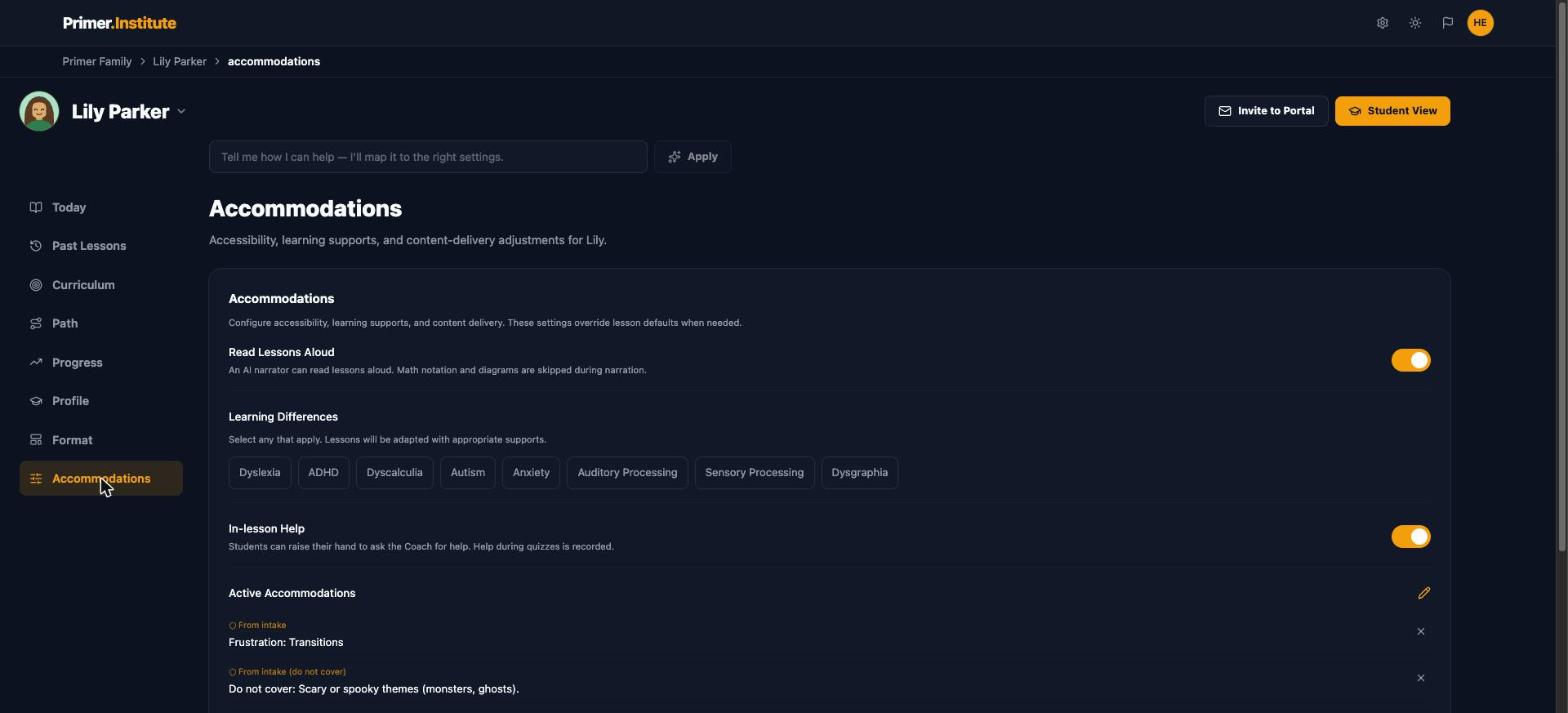 Accommodations tab showing the In-lesson Help toggle
