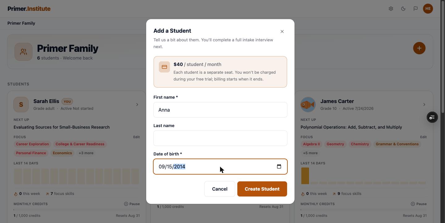 Add a Student modal filled in