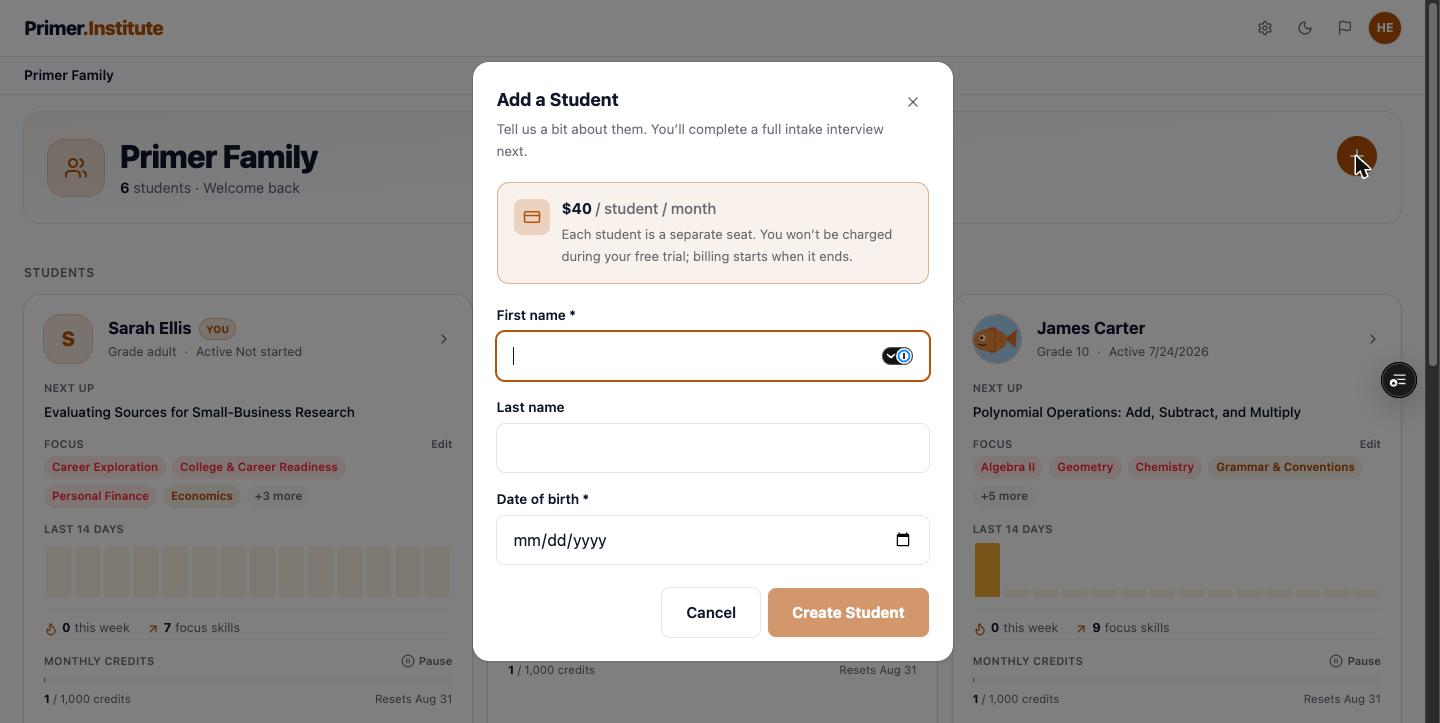 Add a Student modal open over the dashboard