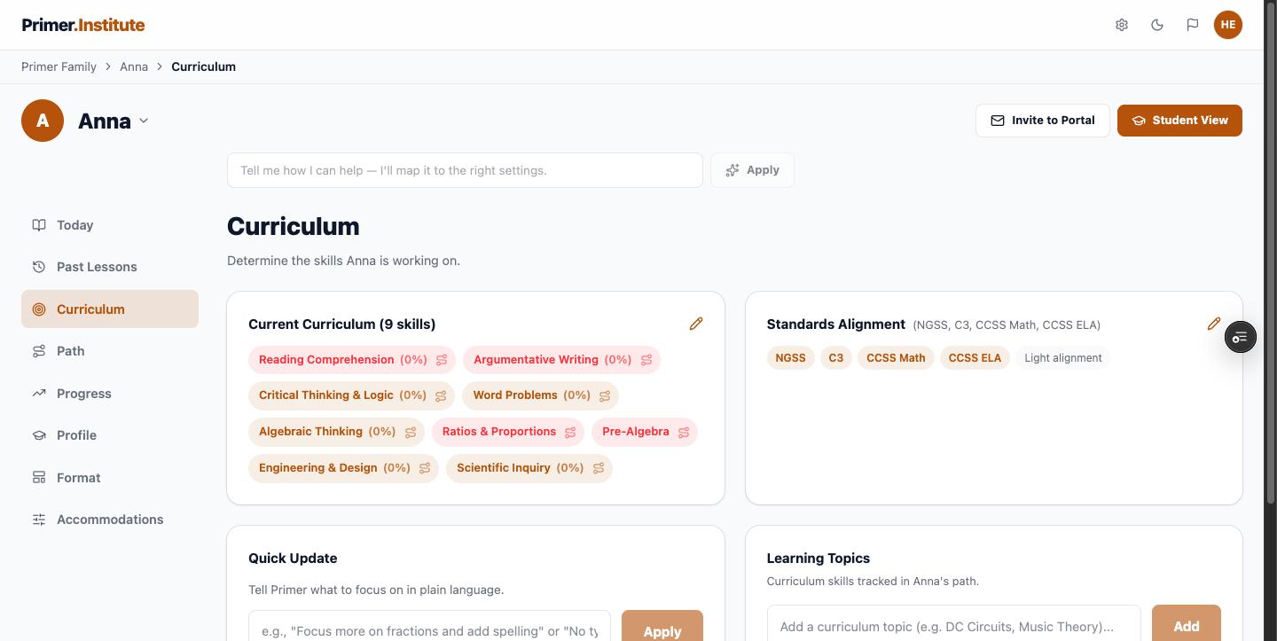 Curriculum tab auto-populated from intake answers