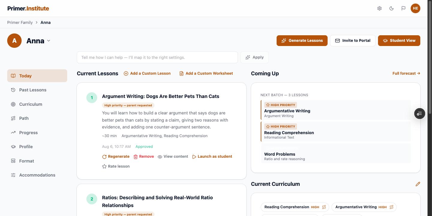 Today tab with three generated lessons ready