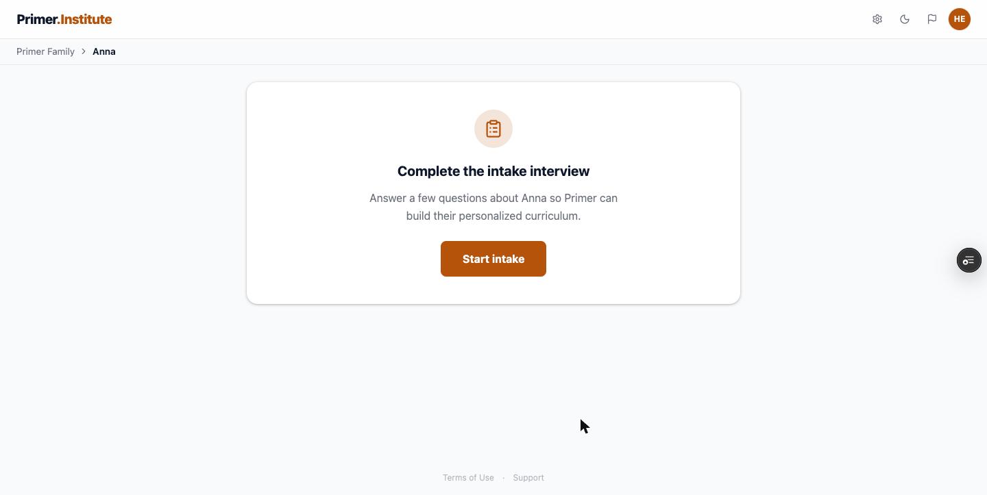 New student prompted to start their intake interview
