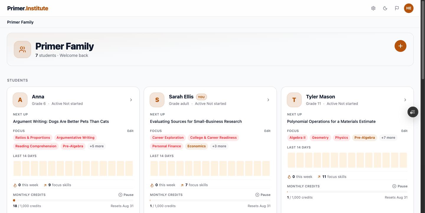 Family Dashboard showing multiple student cards