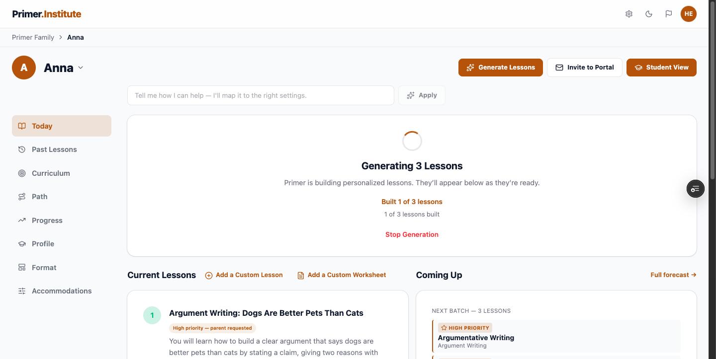 Lesson generation in progress, one of three lessons built