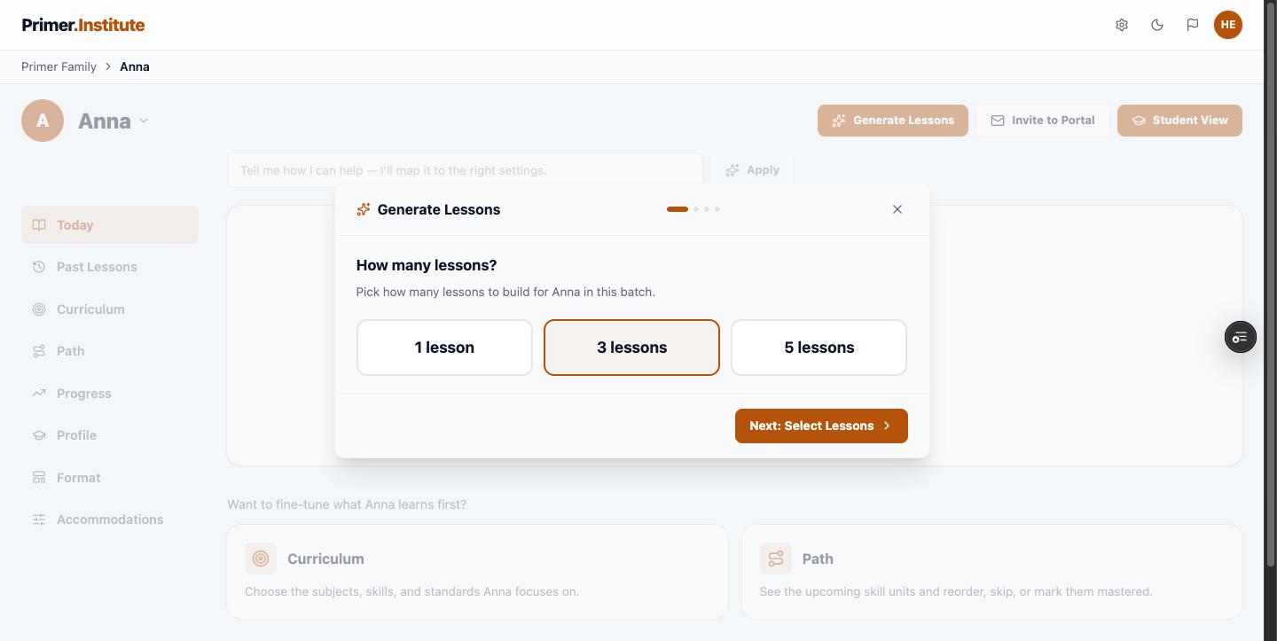 Generate Lessons step 1, choosing lesson count