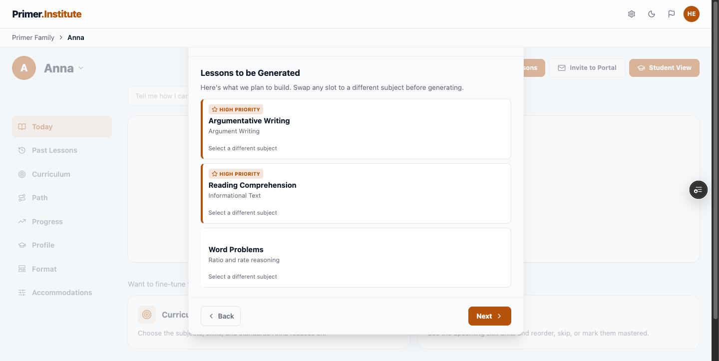 Generate Lessons step 2, previewing the planned lessons