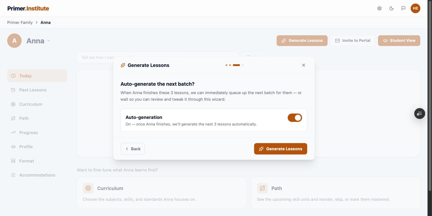 Generate Lessons step 3, auto-generation toggle
