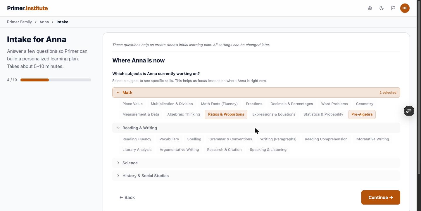Subject and skill picker with math skills selected