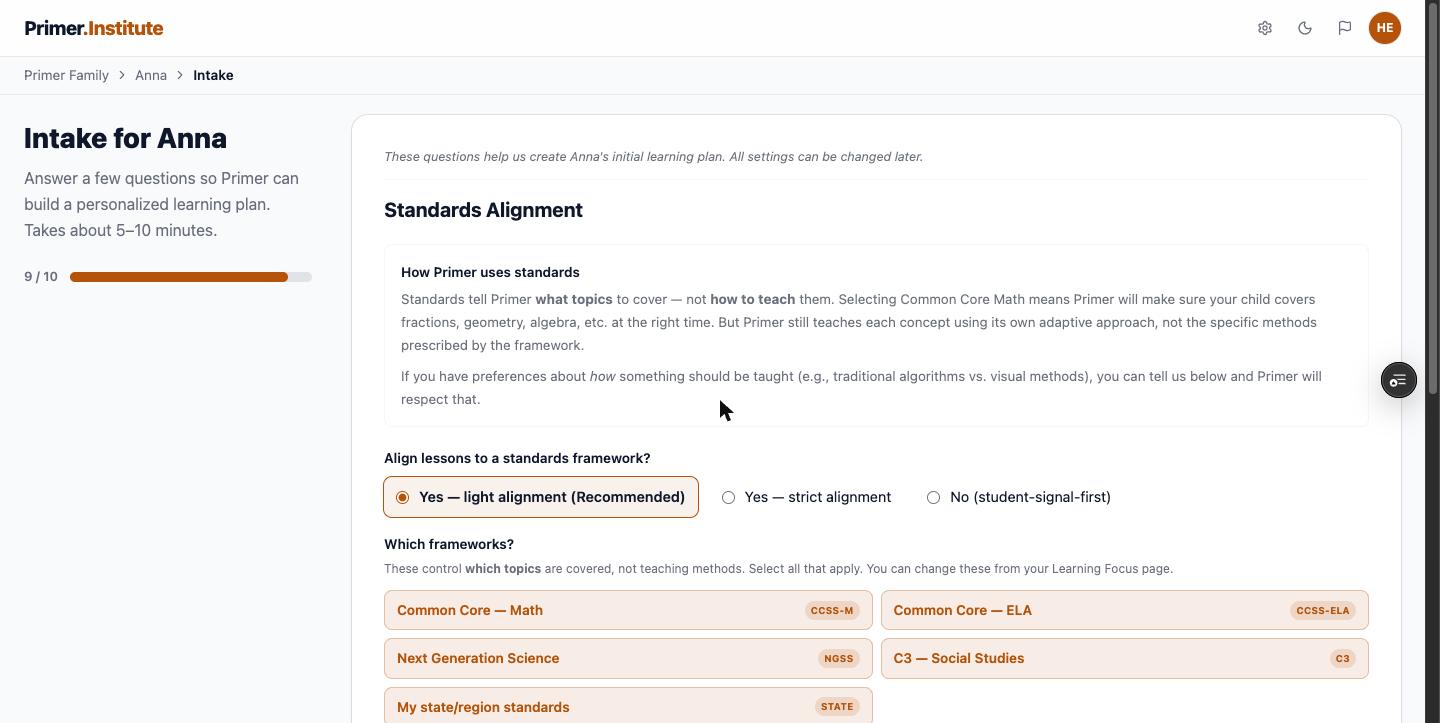 Standards alignment step with frameworks selected
