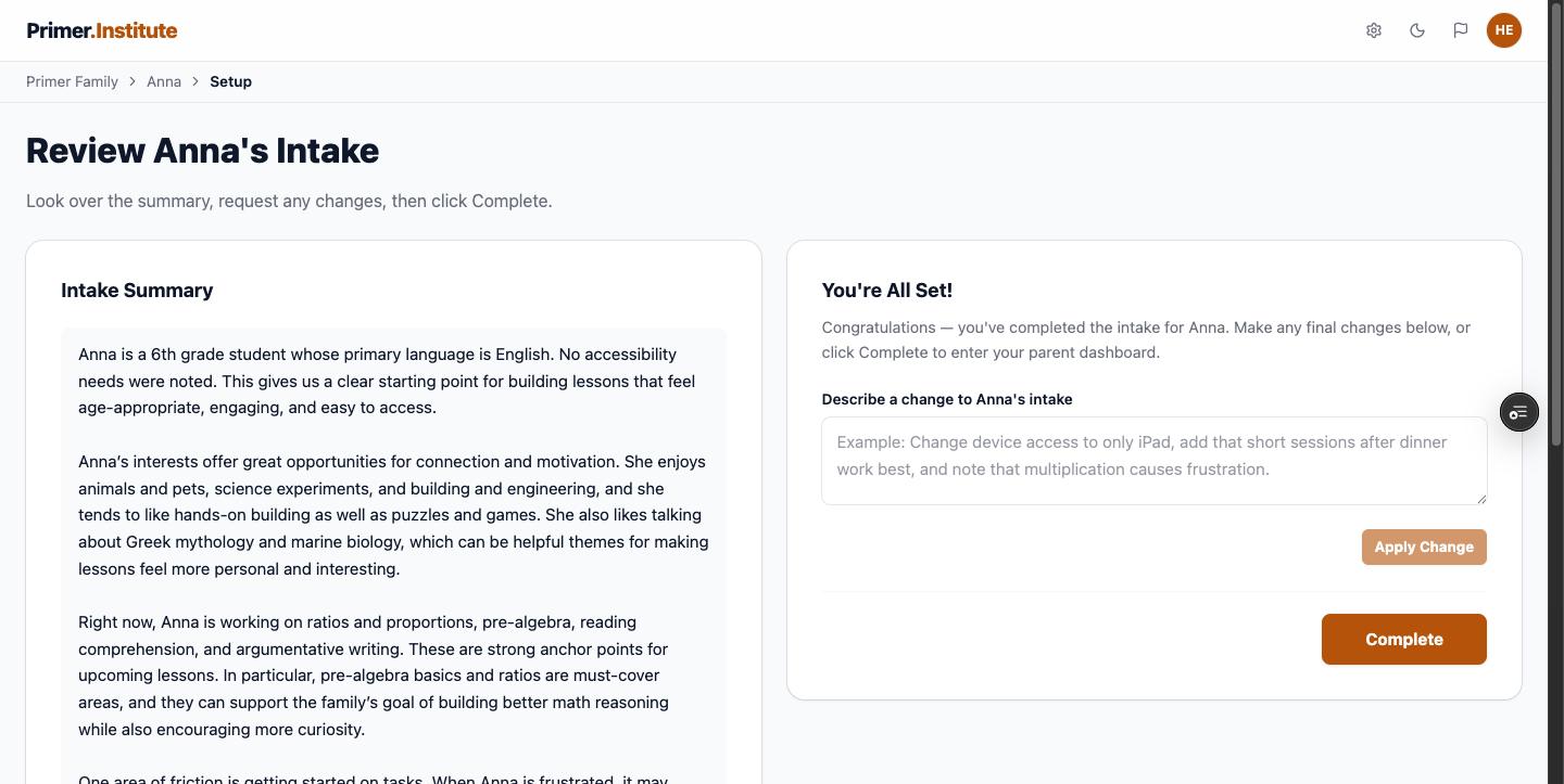 Review screen with AI-generated summary and Complete button