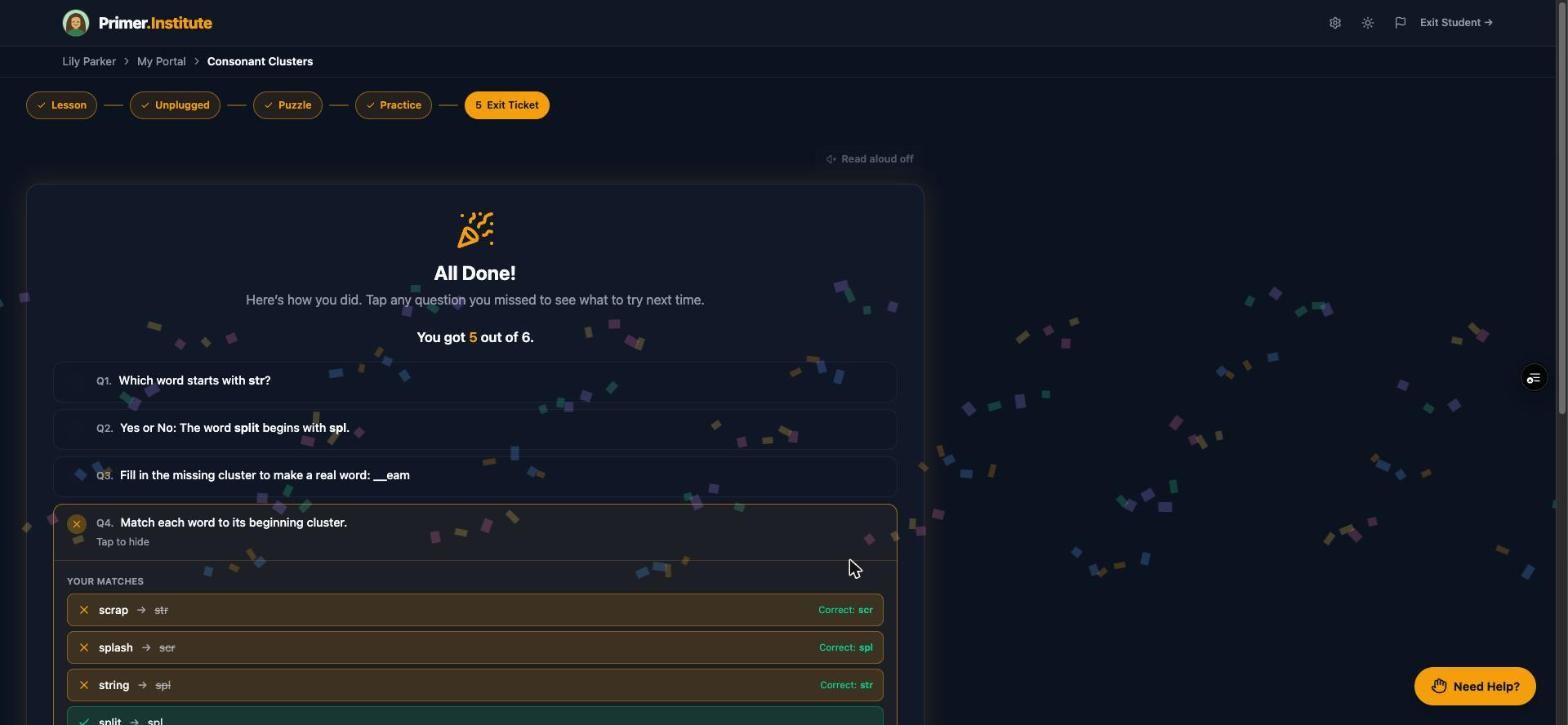 Exit Ticket results screen with a score and question review
