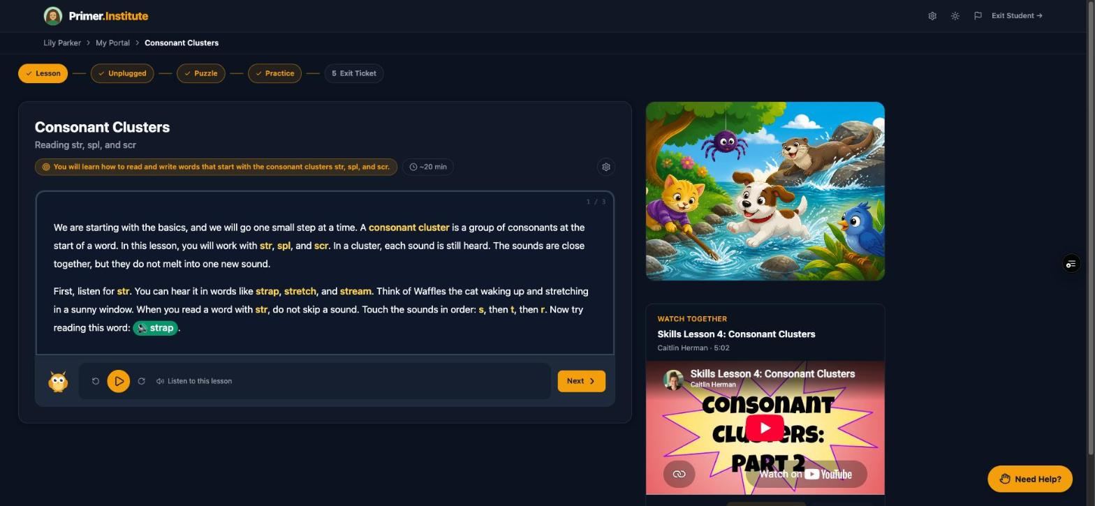 Lesson overview showing the reading passage and video panel