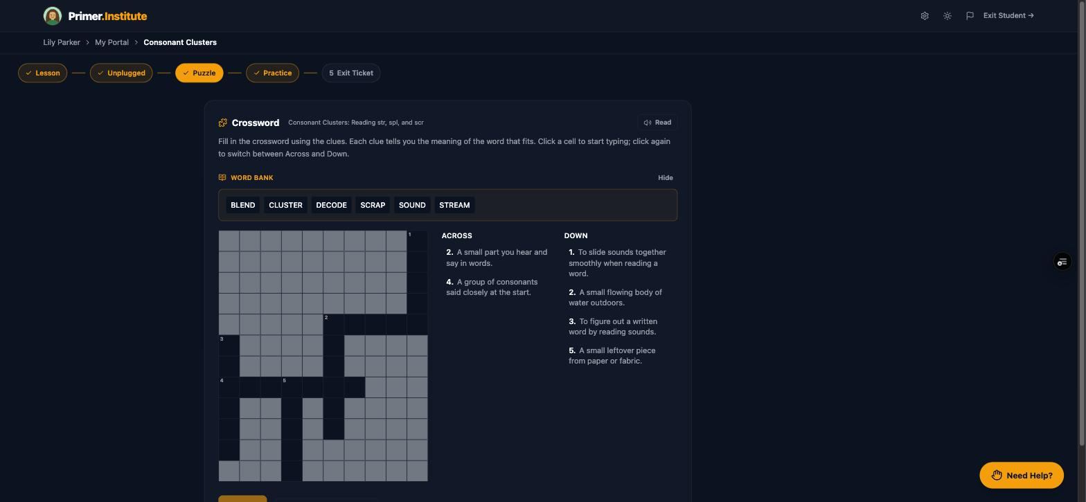 Puzzle step showing an interactive crossword