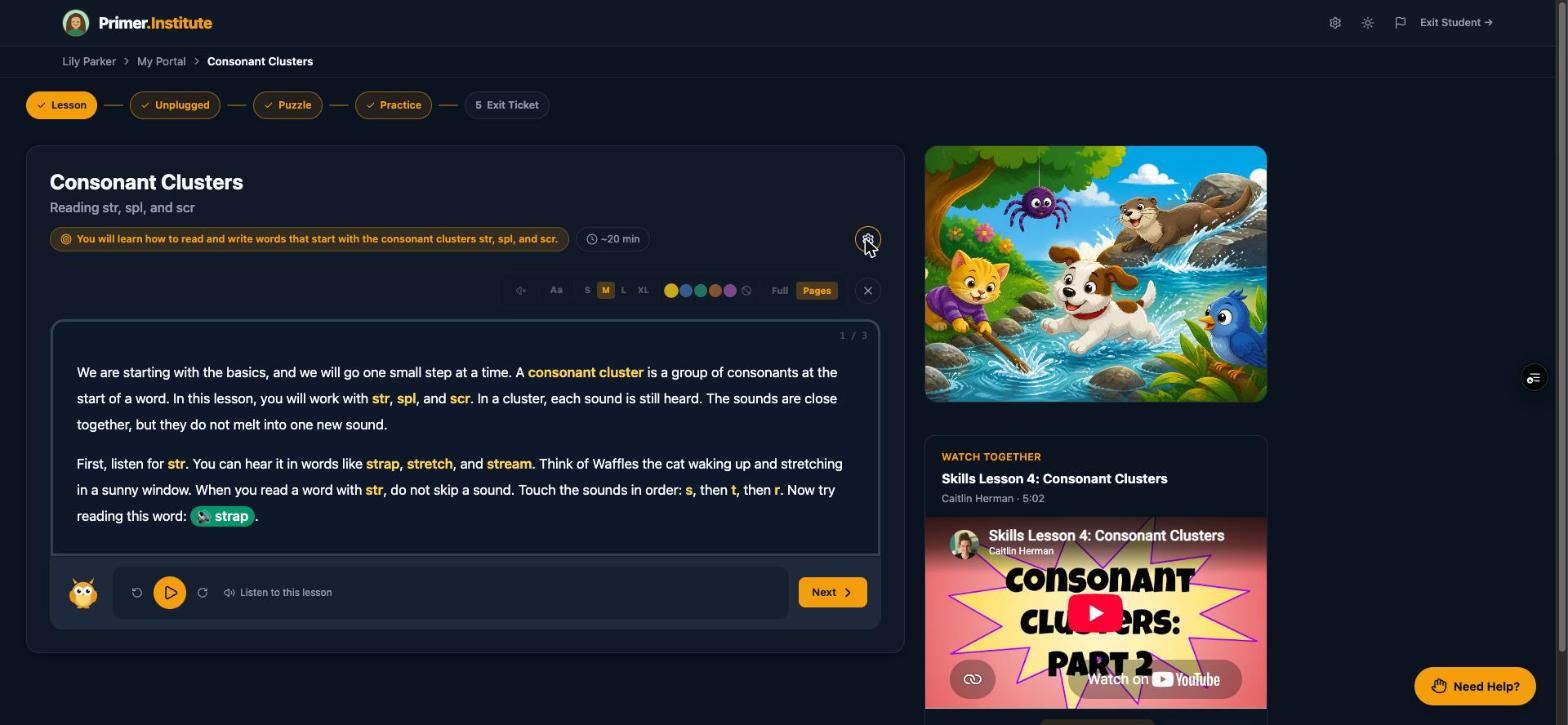 Lesson settings toolbar with font, color, and layout options