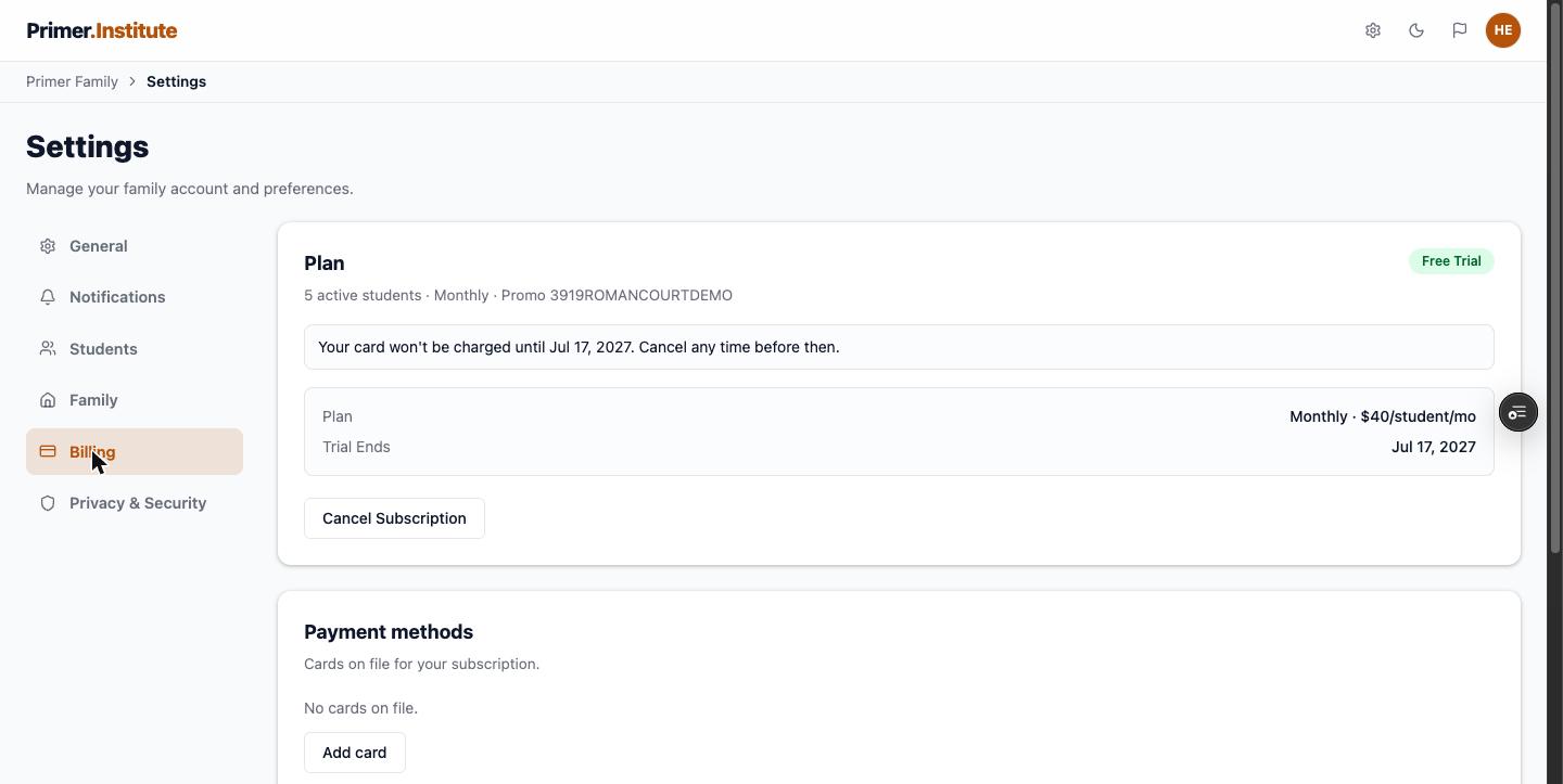 Settings Billing page