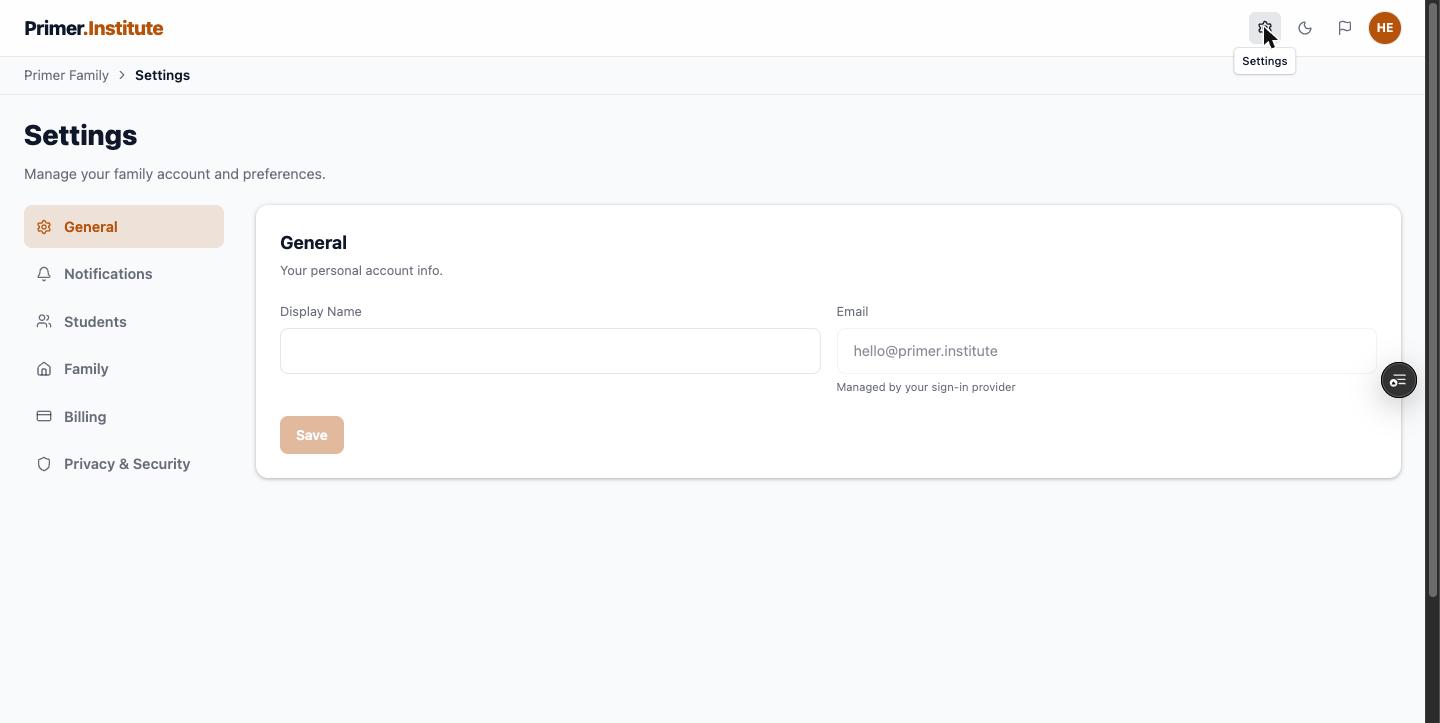 Settings General page