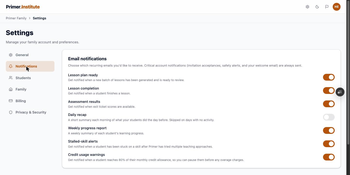 Settings Notifications page