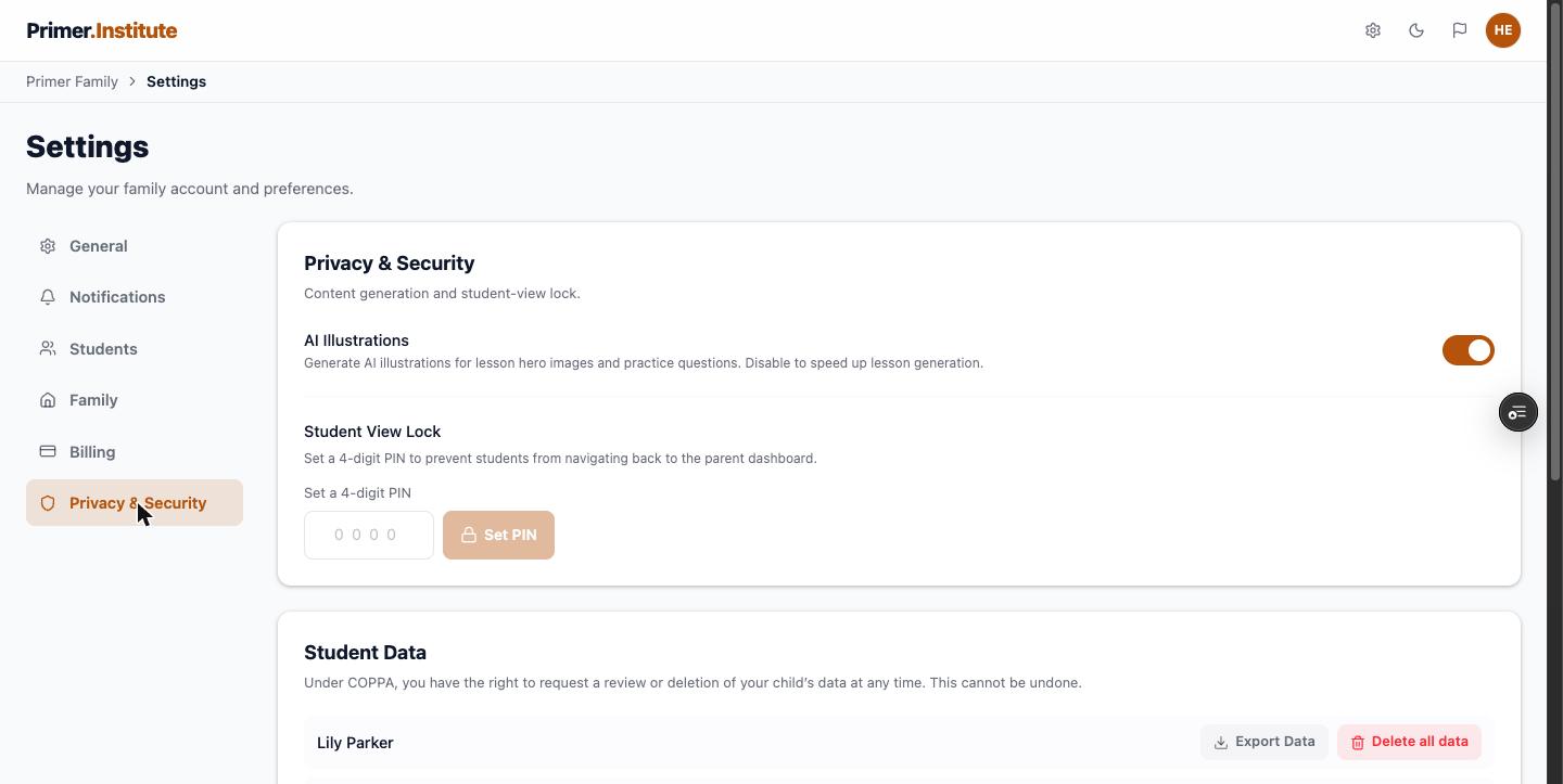 Settings Privacy and Security page