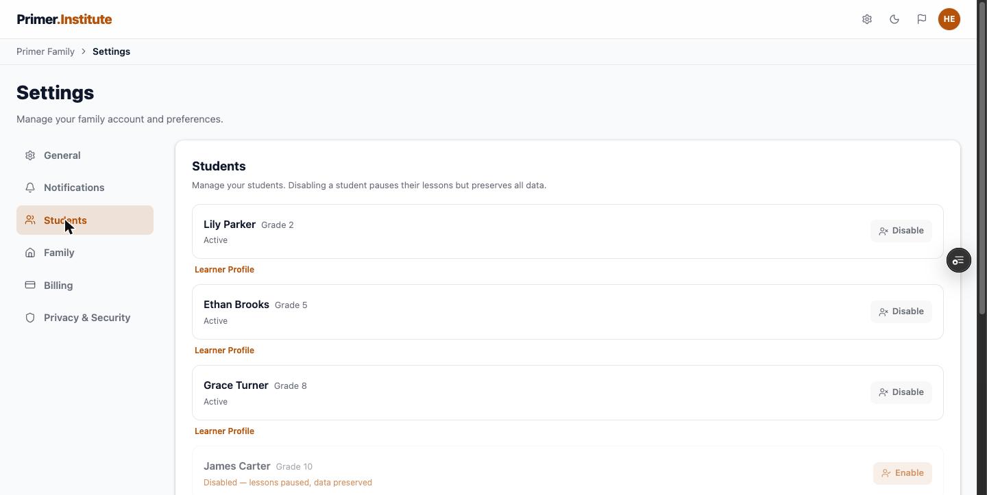 Settings Students page listing all students