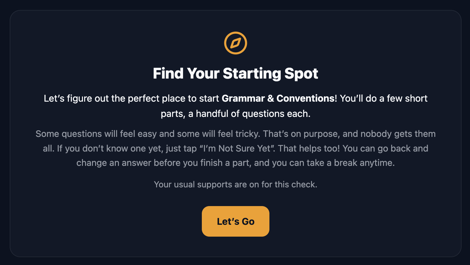 The Find Your Starting Spot ready screen explaining the activity, noting that usual supports are on, with a Let's Go button
