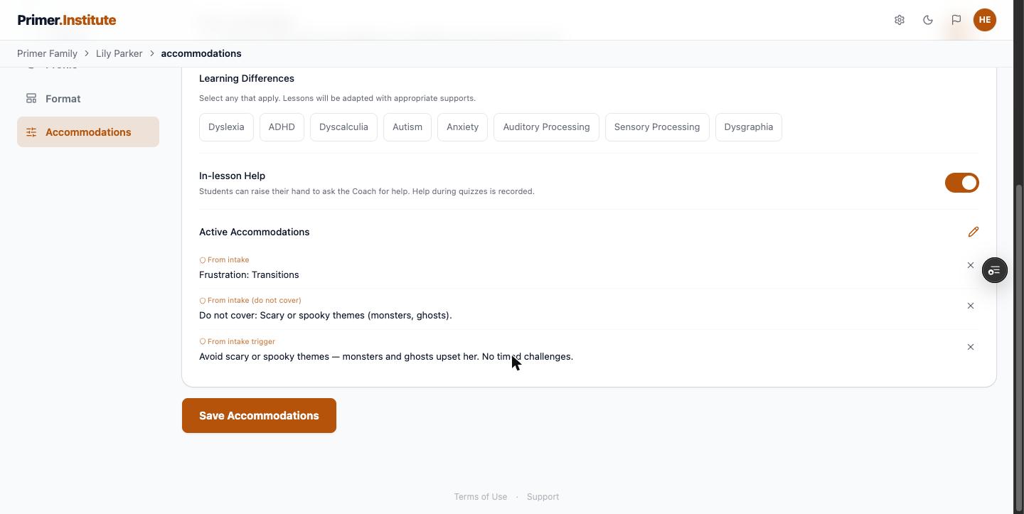 Active accommodations list