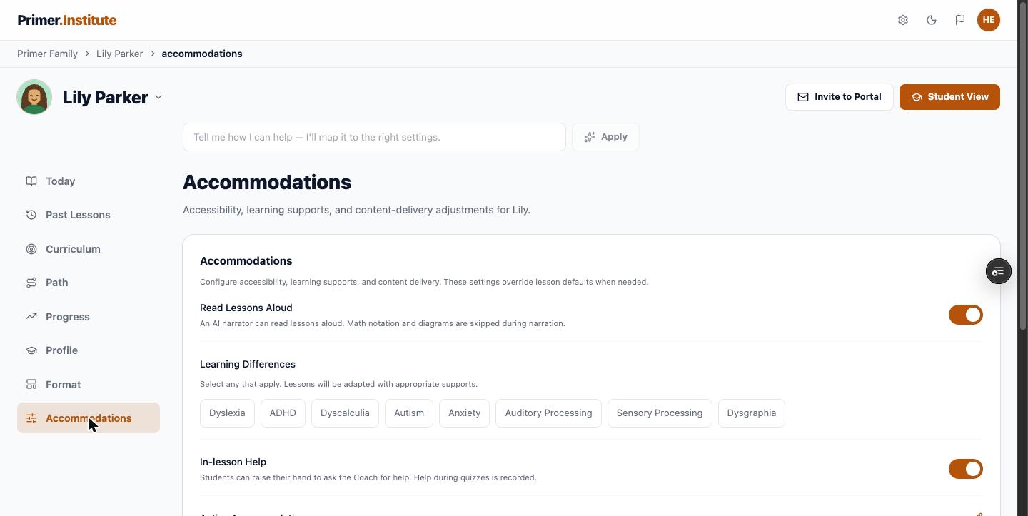 Accommodations tab, top of page