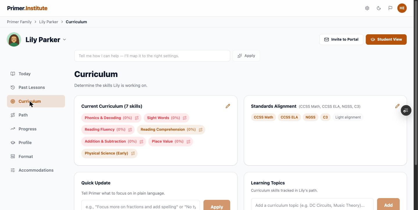 Curriculum tab showing the student's current skills
