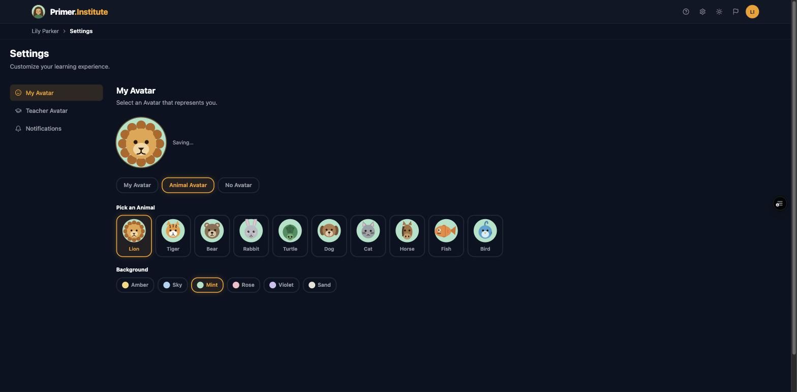 My Avatar settings, Animal Avatar mode