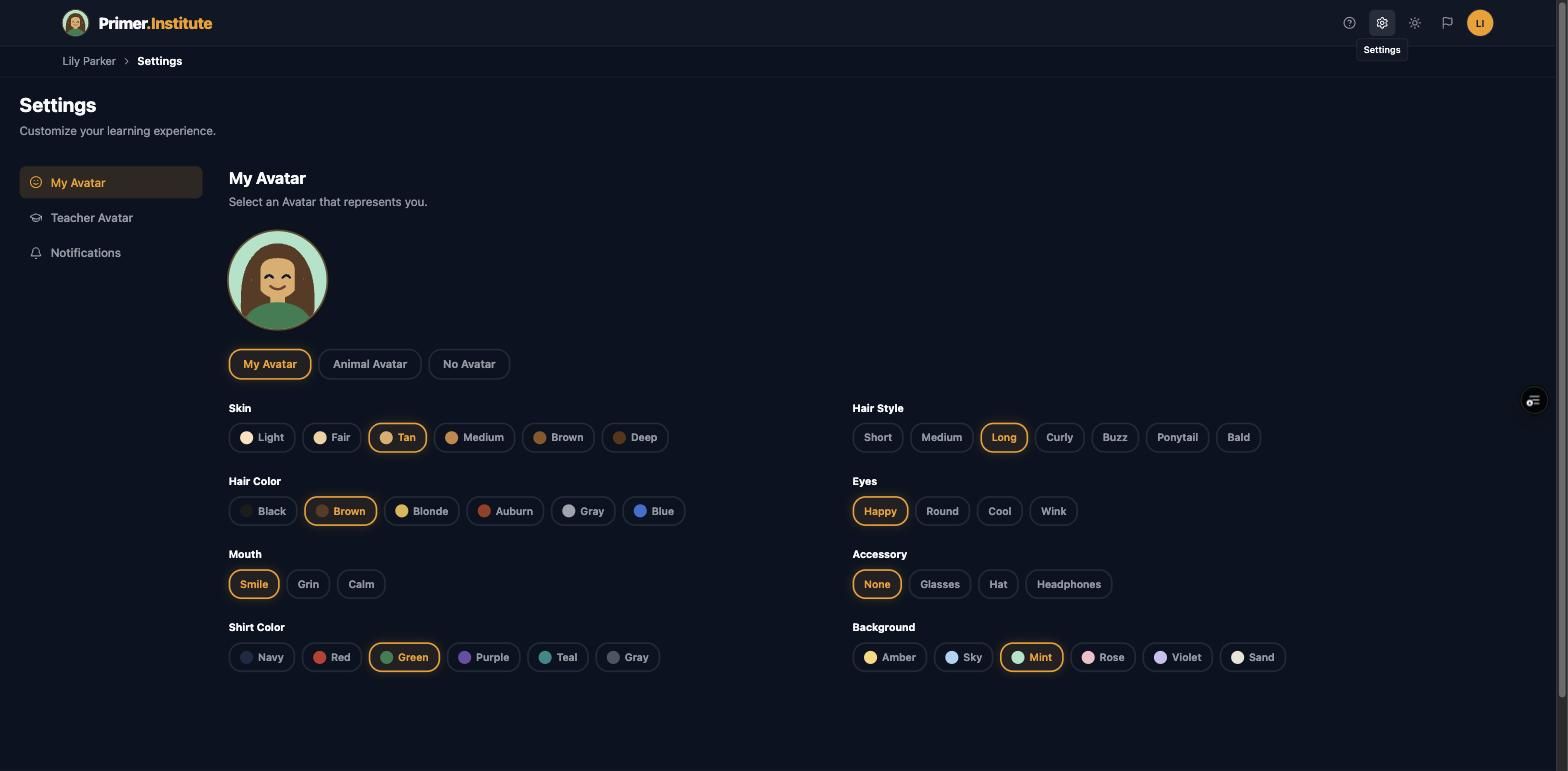 My Avatar settings, custom avatar builder