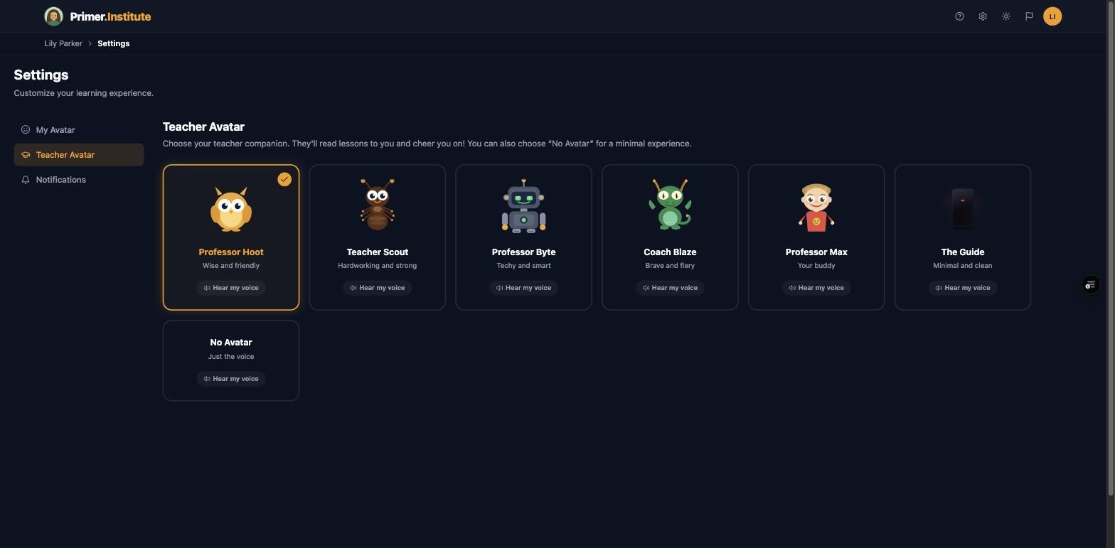 Teacher Avatar picker with voice previews