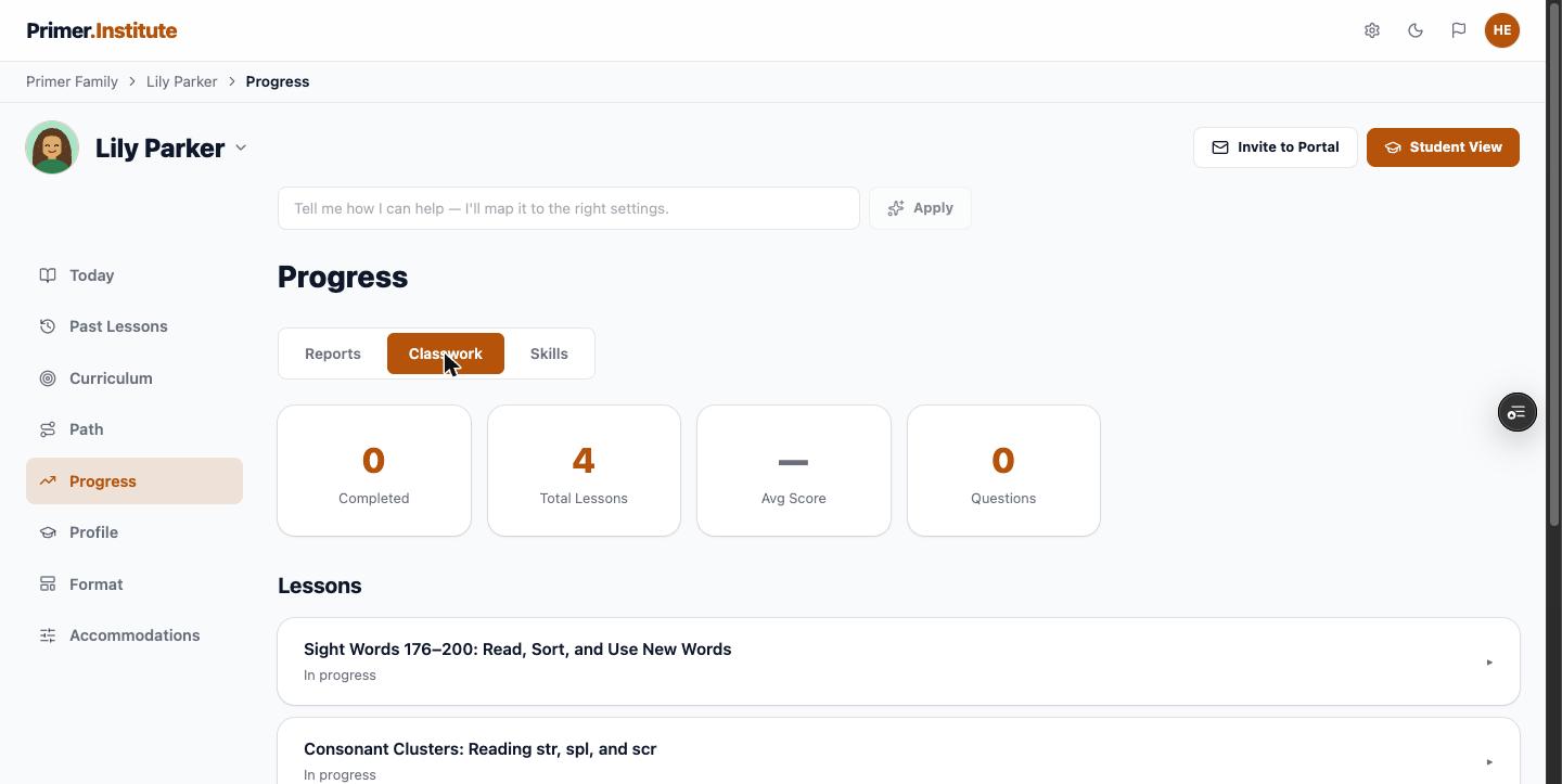 Progress Classwork sub-tab with lesson stats