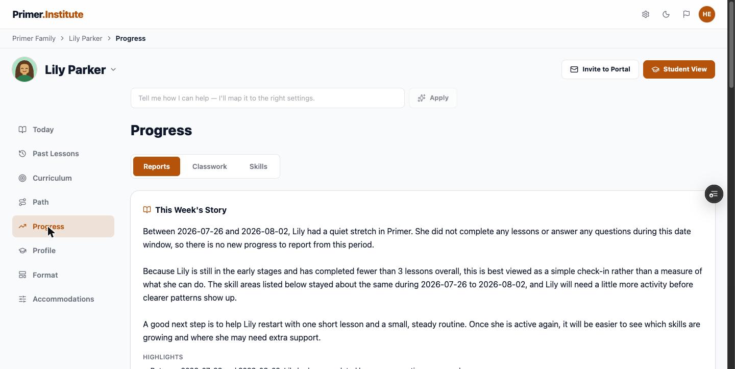 Progress Reports sub-tab with a weekly narrative summary
