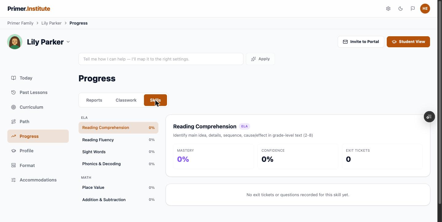 Progress Skills sub-tab showing mastery by skill